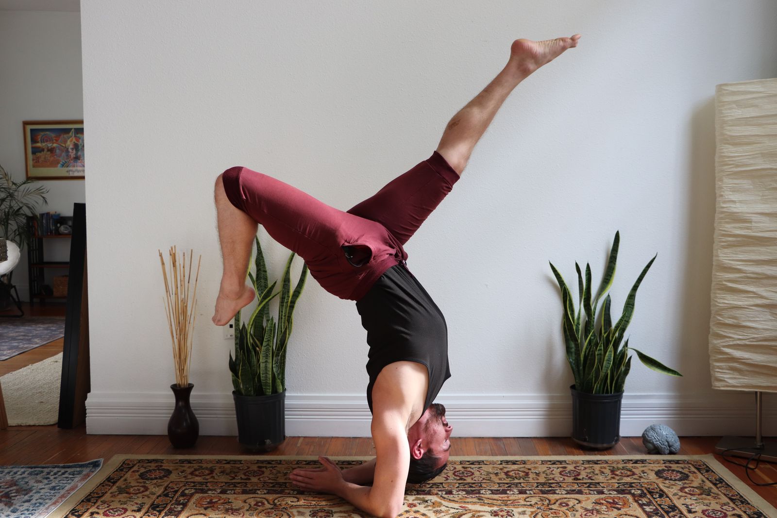 Anthony in a yoga inversion between two plants